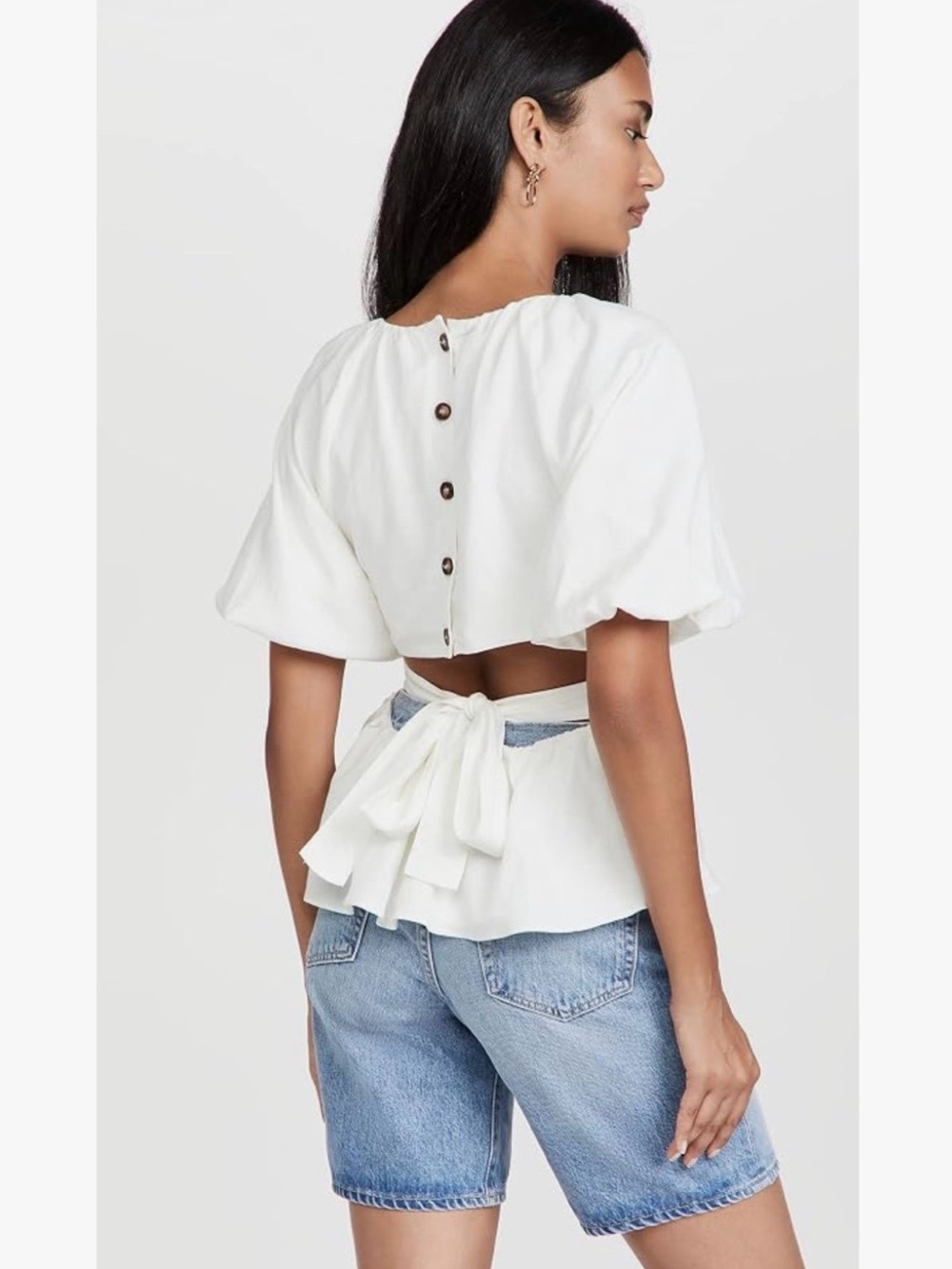 Astr the Label Vendetti Women's White Linen Blend Peplum Puff-Sleeve Top - Picture 3 of 15